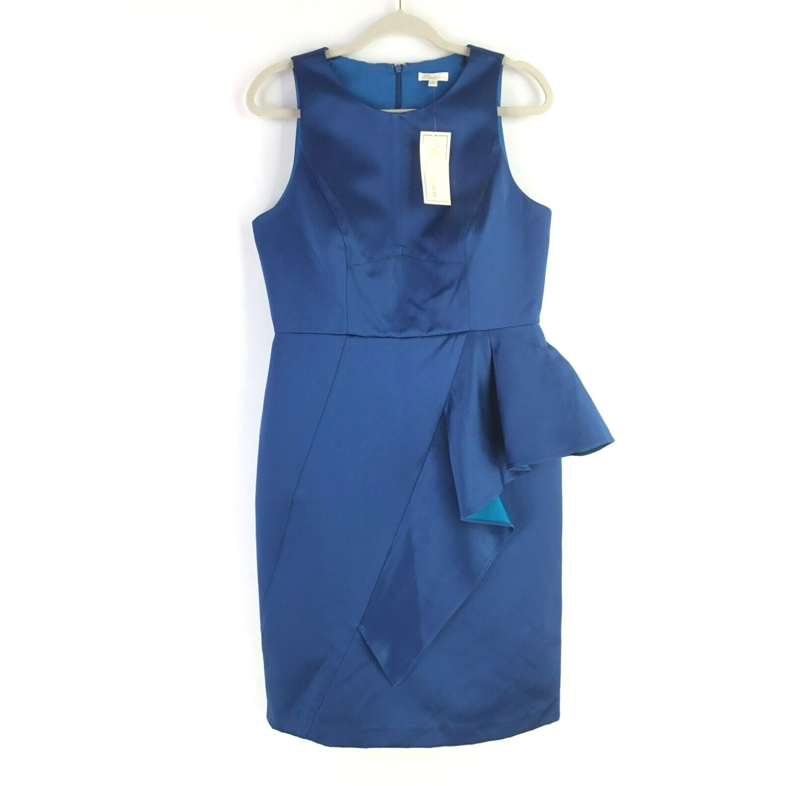 Shoshanna Elisa Dress Sz 10 Blue Satin Sheath Ruffle Cocktail Wedding Guest Nwt — image 7 of 8